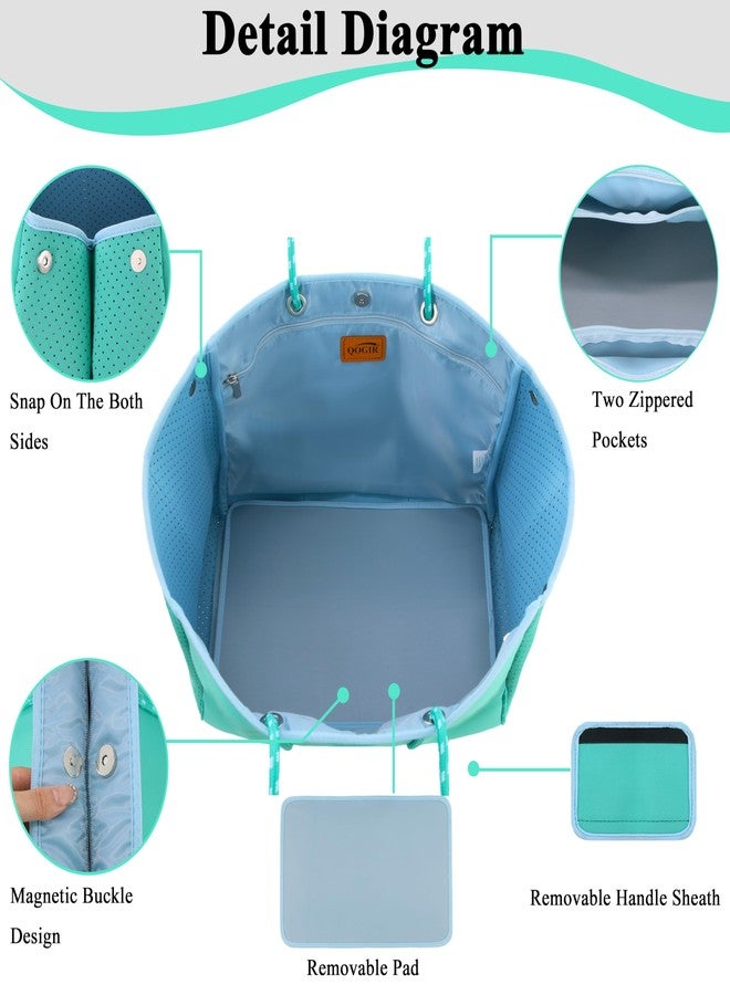 QOGiR Neoprene Multipurpose Beach Bag Tote with Inner Zipper Pocket, Light Green and Blue, L - Image 2