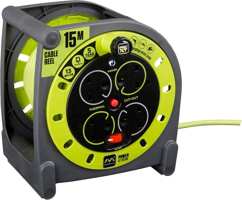 MASTERPLUG Four Socket, 15 Metre Premium Case Reel, Medium Power Cable Extension Reel, Thermal Cut-Out & Power Indicator, Heavy Duty, Pro-XT, Grey/Green, 13A, 4G, 15m, HMU15134SL - Image 1