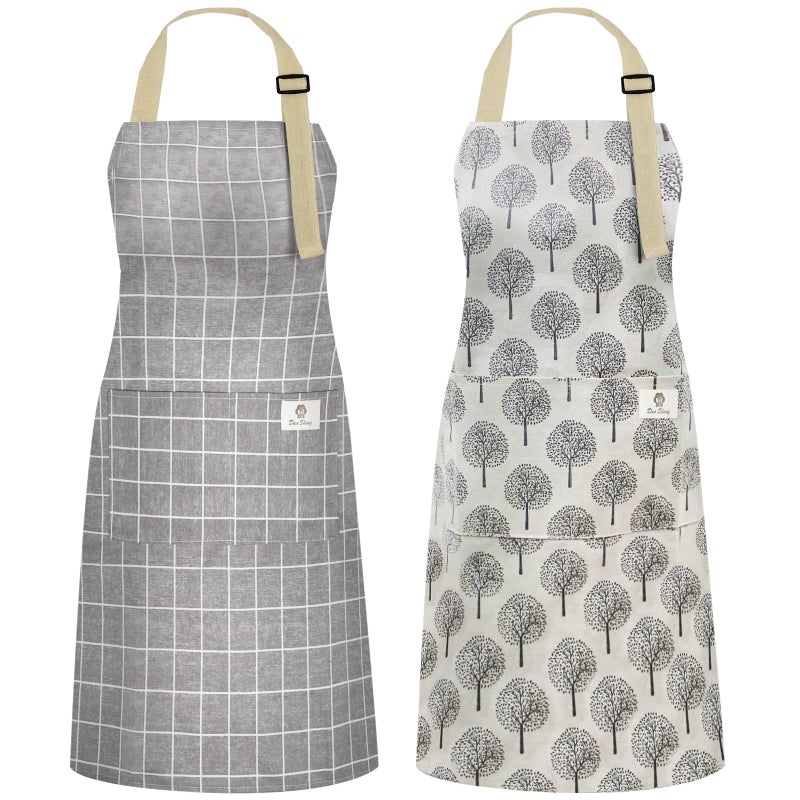 NLUS 2 Pack Waterproof Cooking Aprons Adjustable Bib Soft Chef Apron with 2 Pockets for Men Women Gray StripeGray Trees