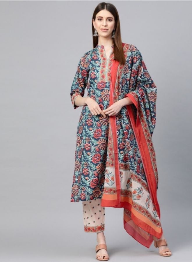 Yuris Blue  Red Printed Kurta With Palazzo  Dupatta - Image 1