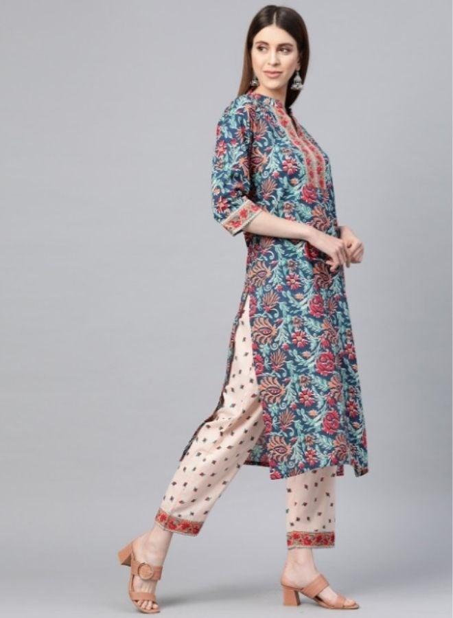Yuris Blue  Red Printed Kurta With Palazzo  Dupatta - Image 2