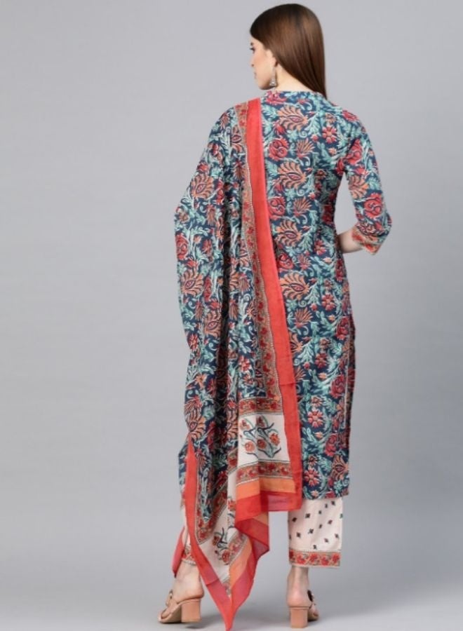 Yuris Blue  Red Printed Kurta With Palazzo  Dupatta - Image 3