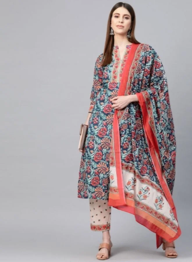 Yuris  Yuris Blue  Red Printed Kurta With Palazzo  Dupatta for Women | Best Price UAE
