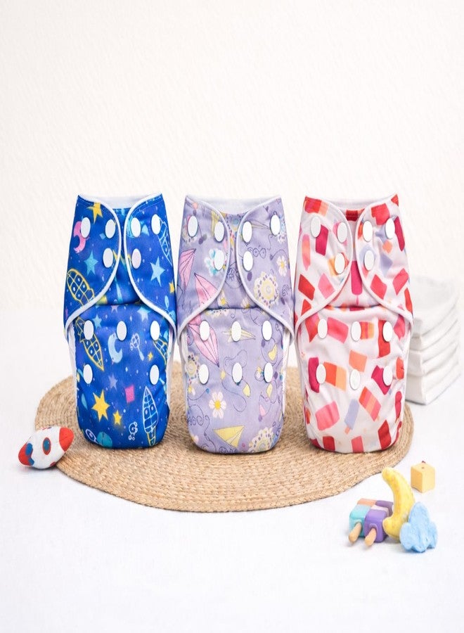 MOMSARC Baby Leakage Proof Reusable Cloth Diaper With 4 Layer High absorbent Pad + 3 Insert Pads, Reusable Nappies, Freesize for Kids 0-3 Yrs, Washable Diapers(Multicolur, Pack of 3) - Image 1