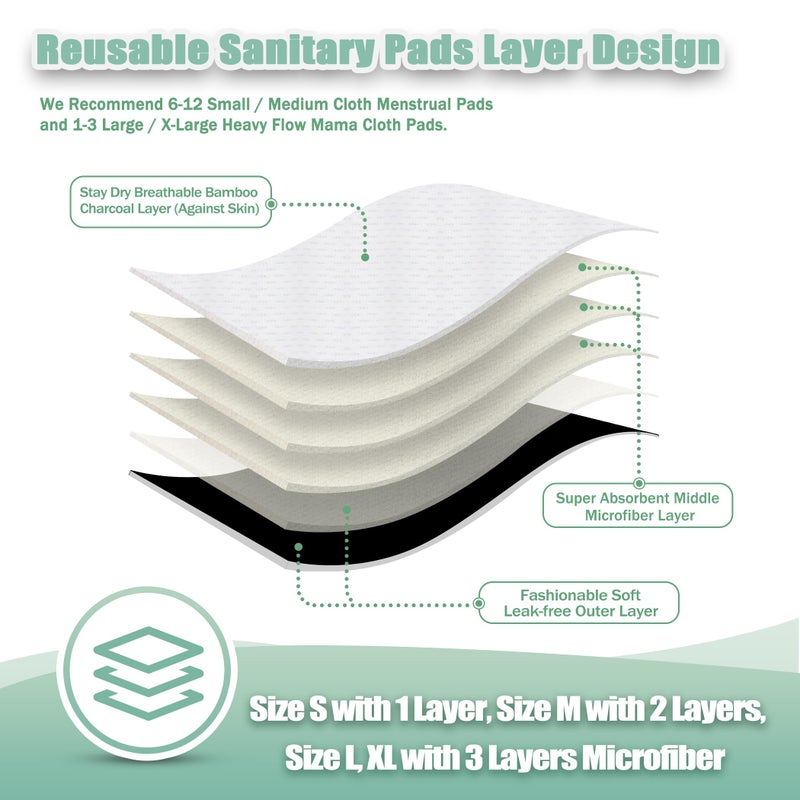 wegreeco Charcoal Reusable Menstrual Pads - Reusable Sanitary Pads | Panty Liners | Soft Cloth Menstrual - 6 Pack with 1 Cloth Mini Wet Bag (Starter Kit Set, Mix Size, Black) - Image 3