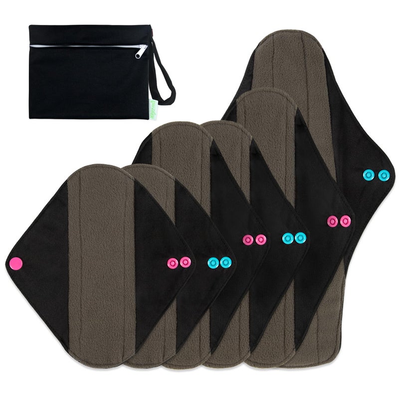 wegreeco Charcoal Reusable Menstrual Pads - Reusable Sanitary Pads | Panty Liners | Soft Cloth Menstrual - 6 Pack with 1 Cloth Mini Wet Bag (Starter Kit Set, Mix Size, Black) - Image 1