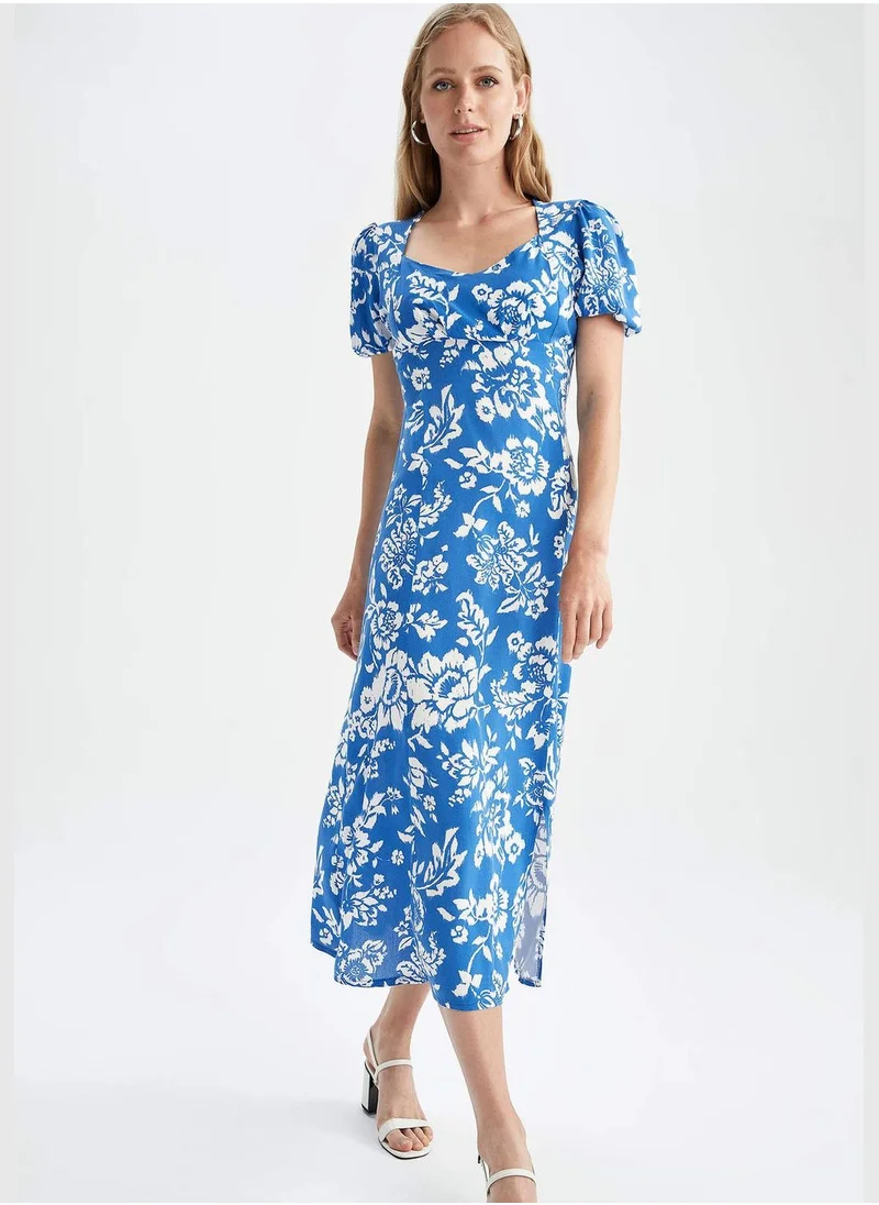 DeFacto A Cut V-Neck  Short Sleeves Floral Print Maxi Dress