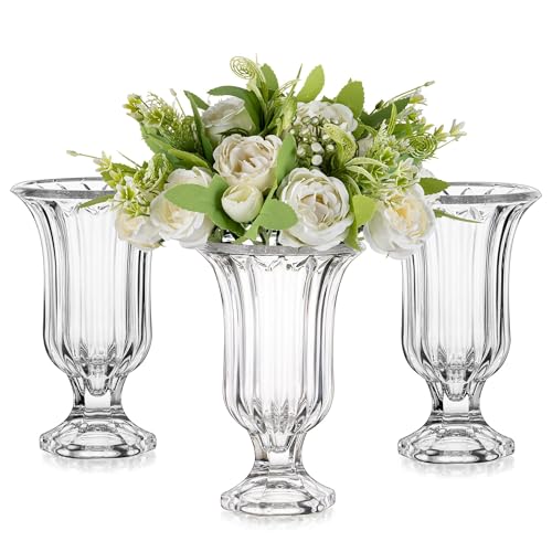 Glasseam Pedestal Glass Vase for Flowers, 7.5in Tall Compote Vase Set of 3, Crystal Clear Vases for Centerpieces, Ribbed Decorative Vases for Home Decor, Cute Footed Urn for Living Room Decorations - Image 1
