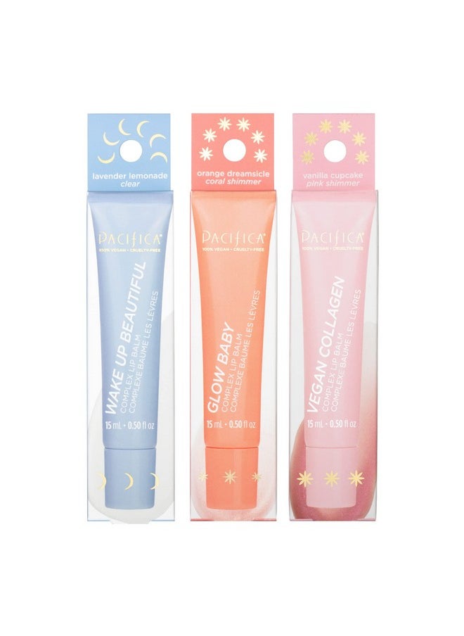 Pacifica Beauty Complex Lip Balm Trio Glow Baby Wake Up Beautiful Vegan Collagen Hydrating Lip Gloss Dry Lips Moisturize Chapped Lips Orange Lavender Lemon Vanilla Nonsticky Vegan  - Image 1