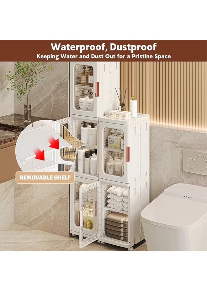 خزانة تخزين بـ 4 طبقات بأبواب شفافة وعجلات، صناديق تخزين قابلة للطي، خزانة مخزن مقاومة للماء والغبار، صندوق تخزين مطبخ قابل للطي للكتب والوجبات الخفيفة ومنظم الحمام (F8817-4) - Image 4