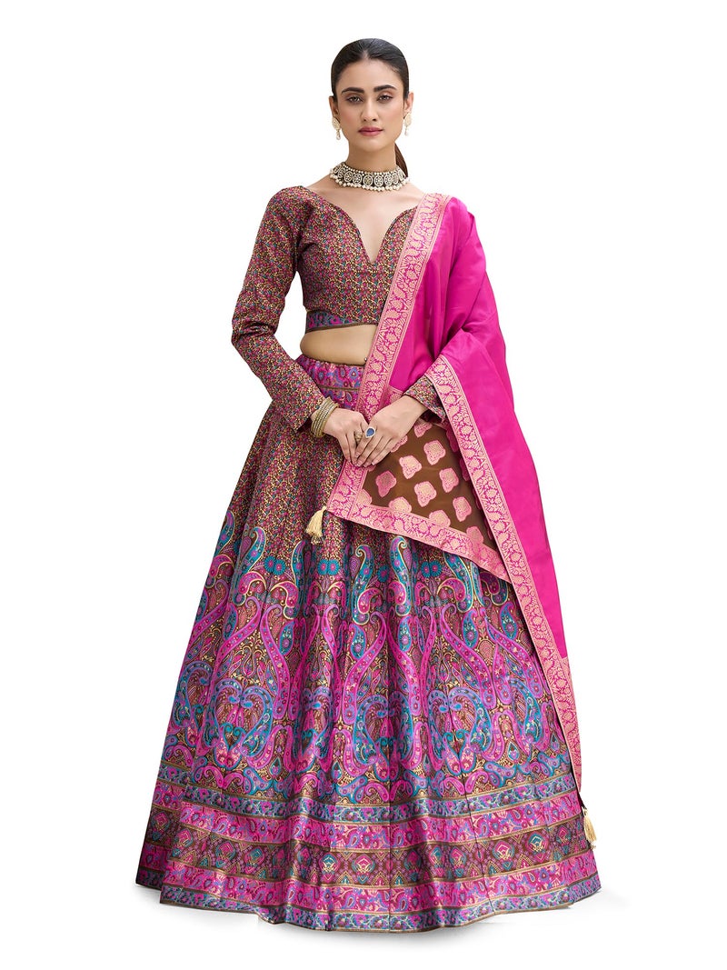 PURVAJA Women's Kanjiwaram Semi-Stitched Lehenga choli (Zahira-Brown_Free Size) - Image 1