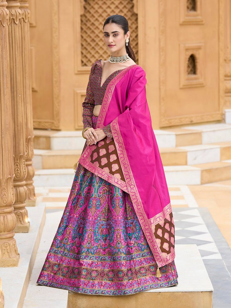 PURVAJA Women's Kanjiwaram Semi-Stitched Lehenga choli (Zahira-Brown_Free Size) - Image 2