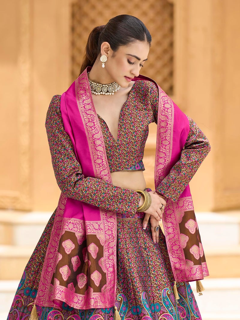 PURVAJA Women's Kanjiwaram Semi-Stitched Lehenga choli (Zahira-Brown_Free Size) - Image 4