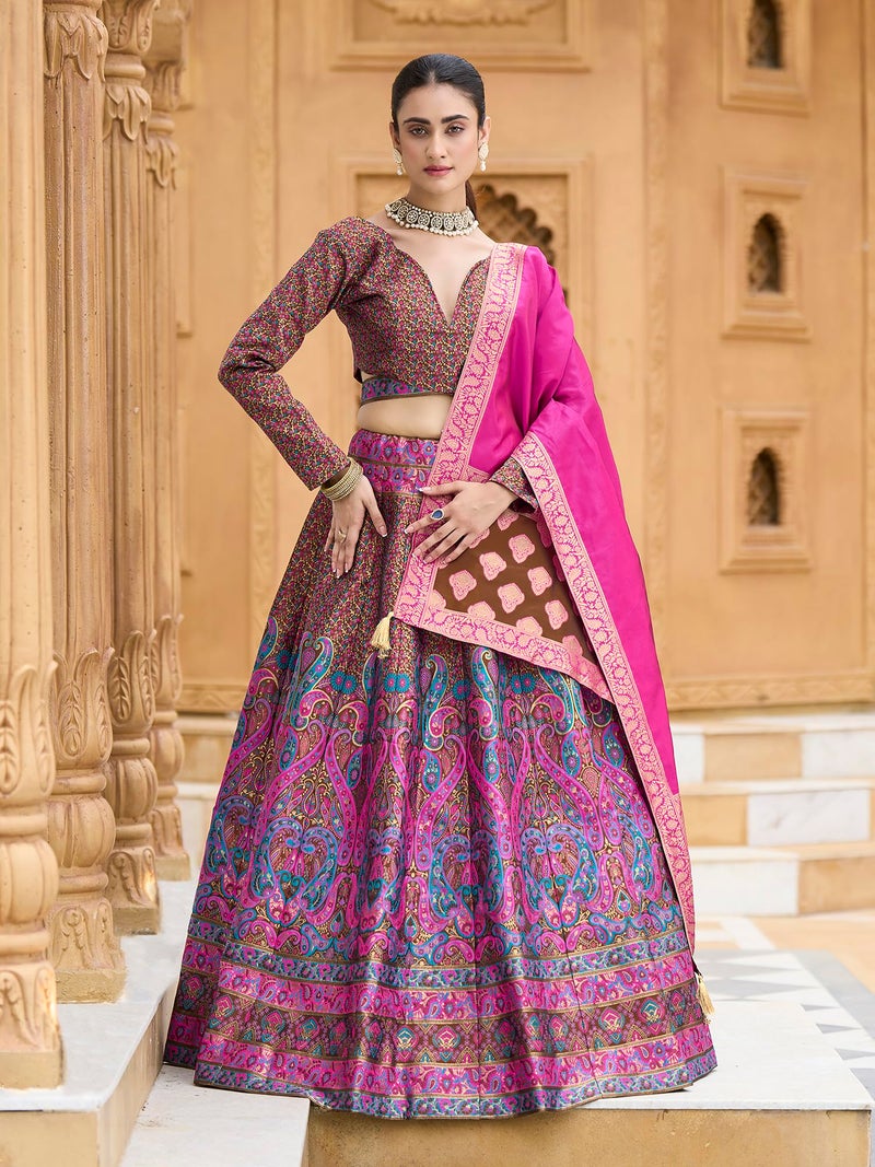 PURVAJA Women's Kanjiwaram Semi-Stitched Lehenga choli (Zahira-Brown_Free Size) - Image 3