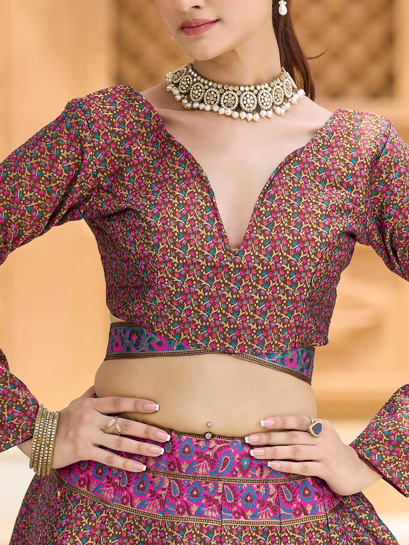 PURVAJA Women's Kanjiwaram Semi-Stitched Lehenga choli (Zahira-Brown_Free Size) - Image 5