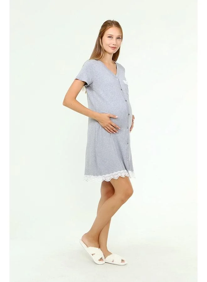 LuvmaBelly MYRA9721 - Buttoned Lace Pocket Maternity Nightgown - Gray.