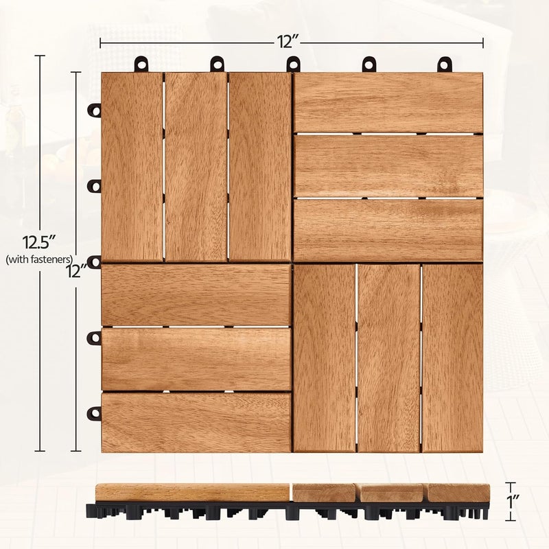 Yaheetech 27pcs Hardwood Interlocking Patio Deck Tiles Acacia Waterproof Wood Flooring Tiles for Patio Garden Poolside, 12'' x12'' Indoor Outdoor Use All Weather - Image 3