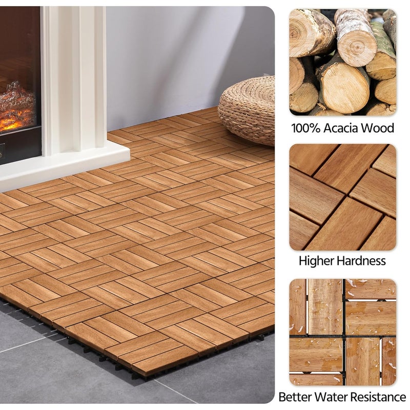 Yaheetech 27pcs Hardwood Interlocking Patio Deck Tiles Acacia Waterproof Wood Flooring Tiles for Patio Garden Poolside, 12'' x12'' Indoor Outdoor Use All Weather - Image 4