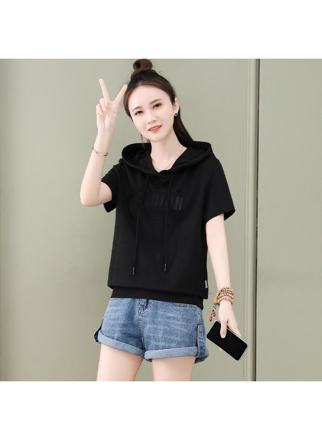 VUELO Combed Cotton Small Hooded Short-sleeved T-shirt For Women Summer New Slimming Letter Printed Short Top T-shirt 