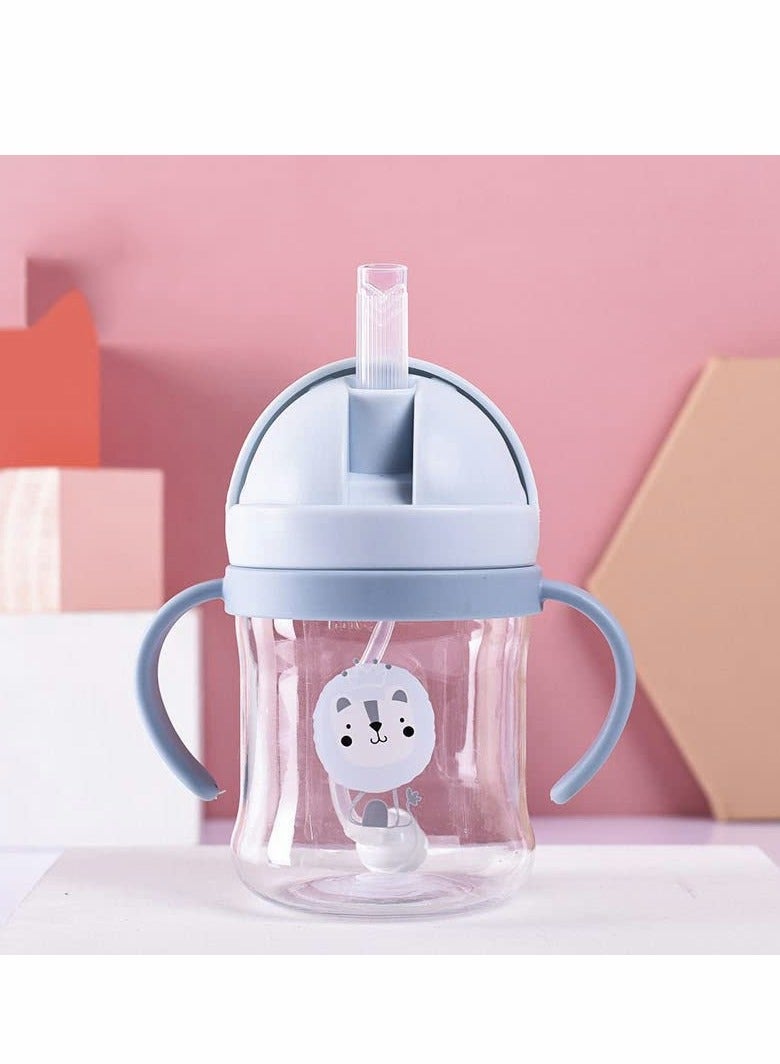 Sippy Cups for Toddlers 250ML, 360° Water Leak Proof Weighted Straw Cup with Handle Water Bottle Soft Spout Learner Cup with Graduated Anti-choking Handle Water Bottle Drop-resistant Cup (Blue) - Image 1