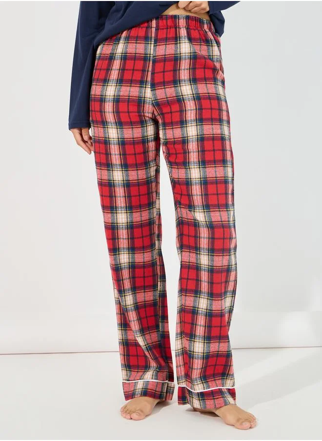 Styli Long Sleeves Placket T-Shirt & Check Piped Pyjama Set