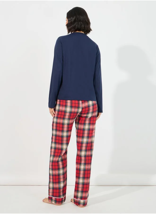 Styli Long Sleeves Placket T-Shirt & Check Piped Pyjama Set