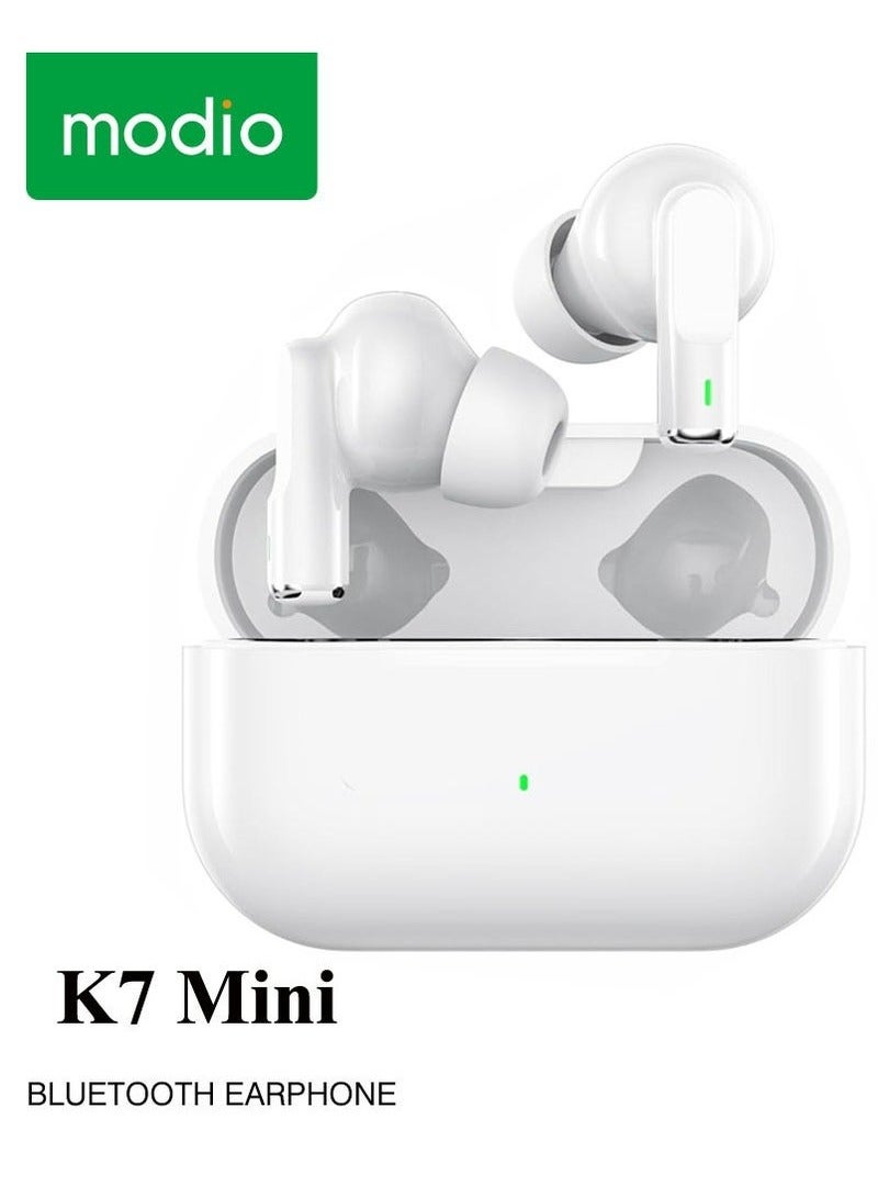 modio K7 - Mini True Wireless Earphones with ENC Noise Reduction – Super Bass Sound, HD Clear Microphone & Multifunctional Touch Control – Compatible with Android Mobiles and Tablets – White – Premium Audio Quality with Noise Cancelling & Touch Control Features - Image 1