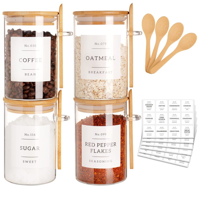 CZZGSM Glass Jar with Bamboo Lid and Spoon 4 Pcs 17 oz Sugar Container with 132 Food Pantry Labels Glass Containers with Wooden Lids Hold Coffee Tea Candy