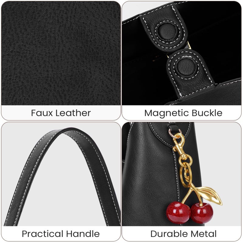 HICARRY Faux Suede Hobo Bags Vegan Leather Shoulder Bag Tote for Women with Cherry Charm Slouchy Designer Handbag Purse Fall Fashion - Image 4