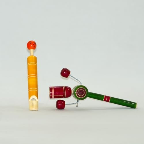 BAALVE™ Premium Channapatna Wooden Toys for Babies 6-12 Months | Eco-Friendly Whistle & TIK TIK Rattle Set - Pack of 2 | Wooden rattles for Baby | Traditional Indian Sensory Non-Toxic Toys. - Image 1