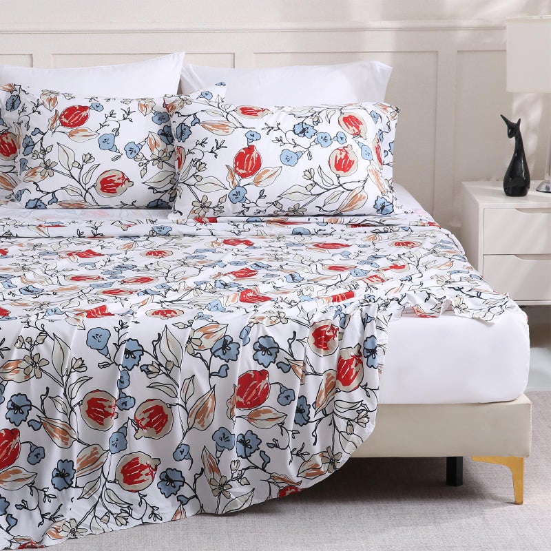 LONAVA Floral Queen Size Bed Sheet Set, 6 Piece, Deep Pocket White Fitted Sheet, Comfy & Breathable Red Flower Patterned Flat Sheets, Premium Microfiber, Boho Red Floral Printed - Image 3