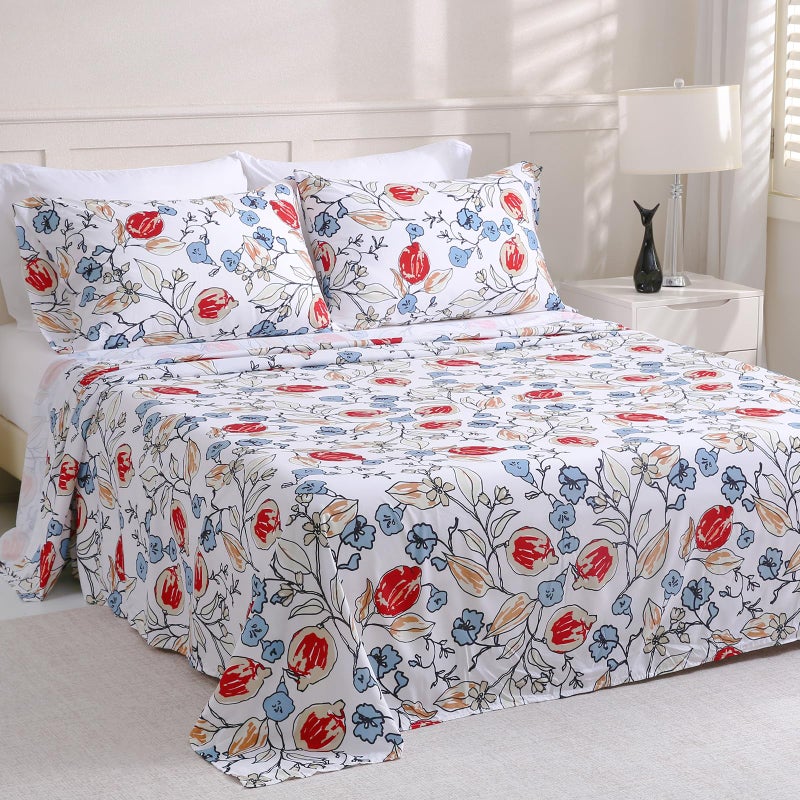 LONAVA Floral Queen Size Bed Sheet Set, 6 Piece, Deep Pocket White Fitted Sheet, Comfy & Breathable Red Flower Patterned Flat Sheets, Premium Microfiber, Boho Red Floral Printed - Image 1