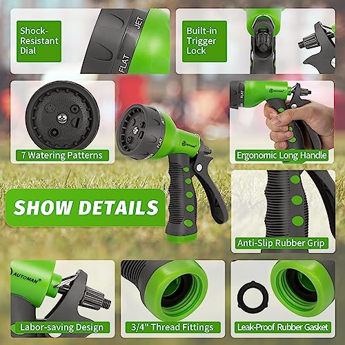AUTOMAN-Garden-Hose-Nozzle,ABS Water Spray Nozzle with Heavy Duty 7 Adjustable Watering Patterns,Slip Resistant for Watering Plants,Lawn& Garden,Washing Cars,Cleaning,Showering Pets - Green - Image 3