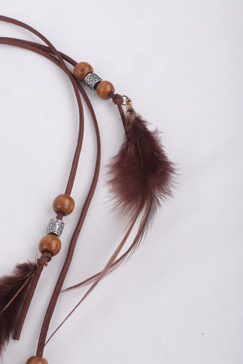 Jumwrit Boho Feather Headband Indian Hippie Gypsy Headpiece Feather Tassel Headdress Adjustable Hemp Rope Beaded Hairband Hair Accessories for Women and Girls Festival Party Decoration(Brown) - Image 4