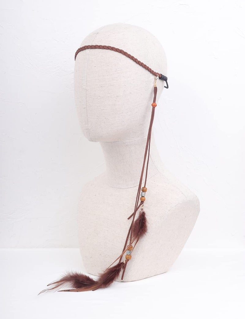 Jumwrit Boho Feather Headband Indian Hippie Gypsy Headpiece Feather Tassel Headdress Adjustable Hemp Rope Beaded Hairband Hair Accessories for Women and Girls Festival Party Decoration(Brown) - Image 2