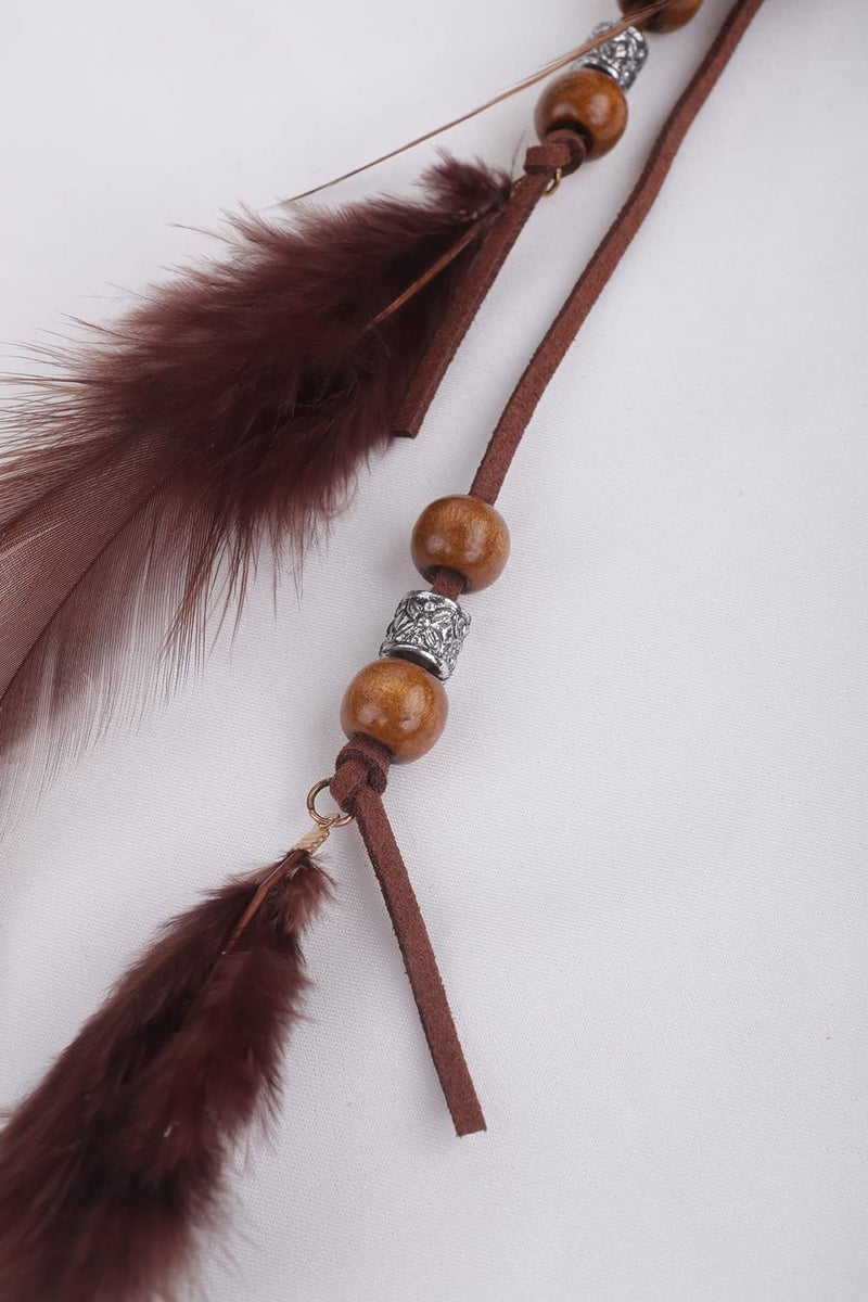 Jumwrit Boho Feather Headband Indian Hippie Gypsy Headpiece Feather Tassel Headdress Adjustable Hemp Rope Beaded Hairband Hair Accessories for Women and Girls Festival Party Decoration(Brown) - Image 3