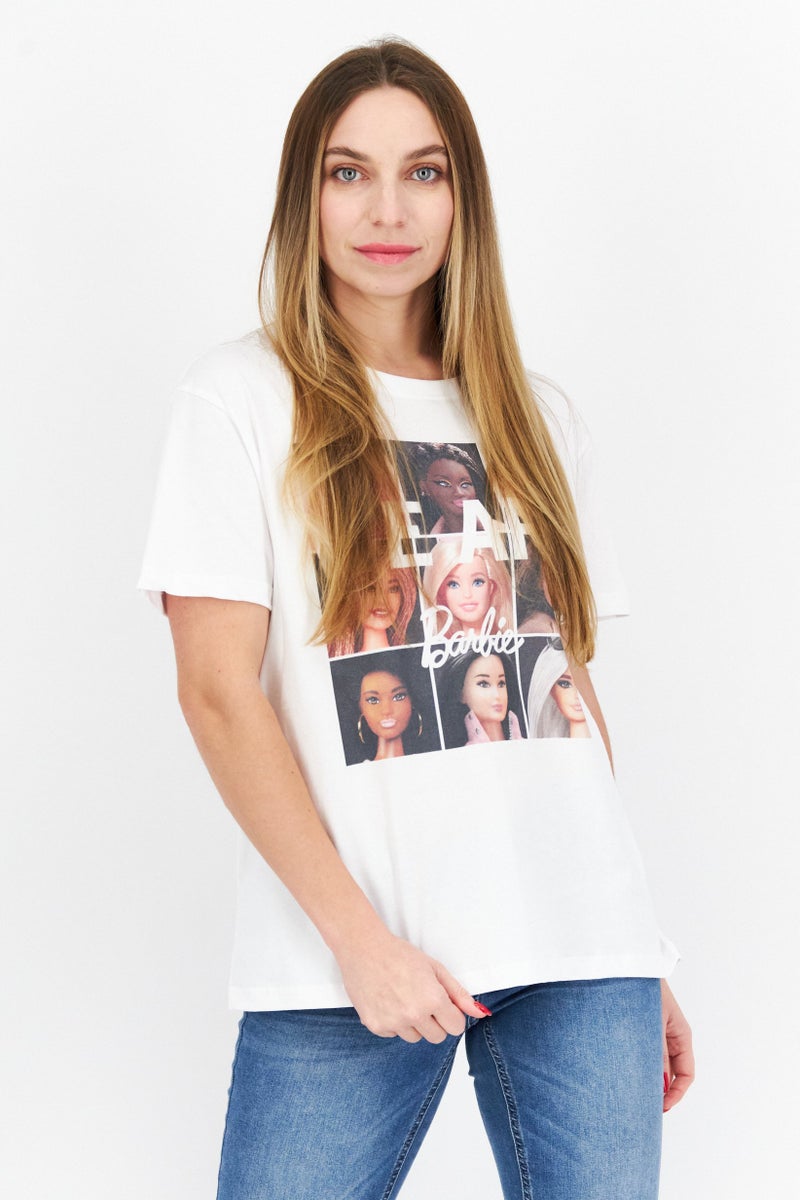 Barbie Women Oversized Crew Neck Short Sleeve Graphic T-Shirt, White - Image 1