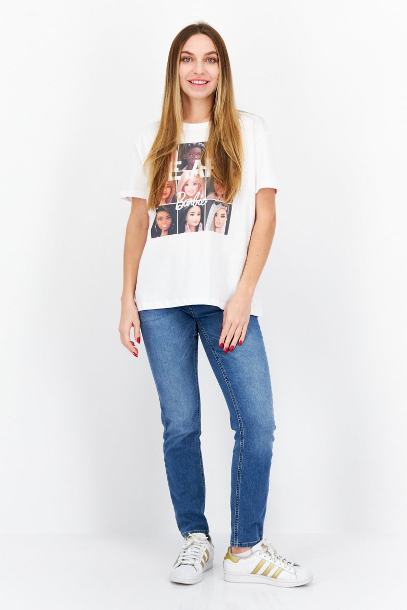 Barbie Women Oversized Crew Neck Short Sleeve Graphic T-Shirt, White - Image 2