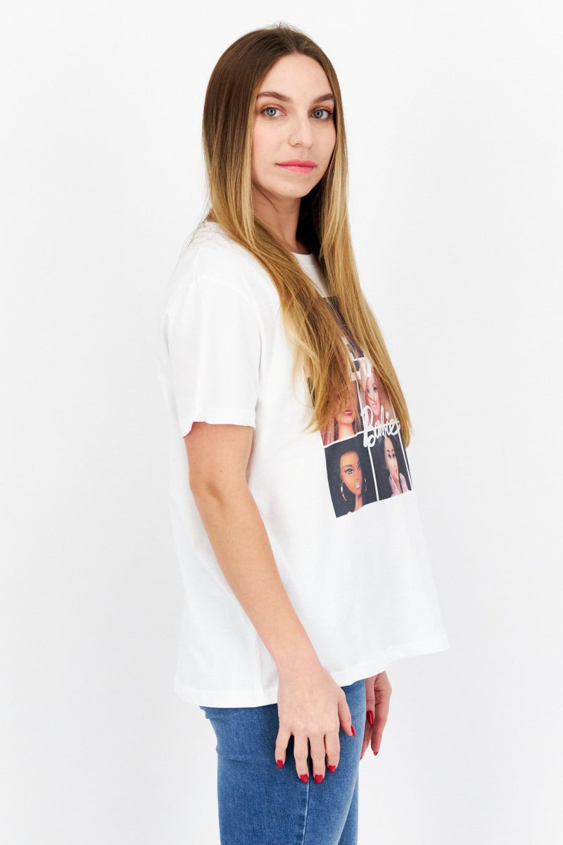 Barbie Women Oversized Crew Neck Short Sleeve Graphic T-Shirt, White - Image 4