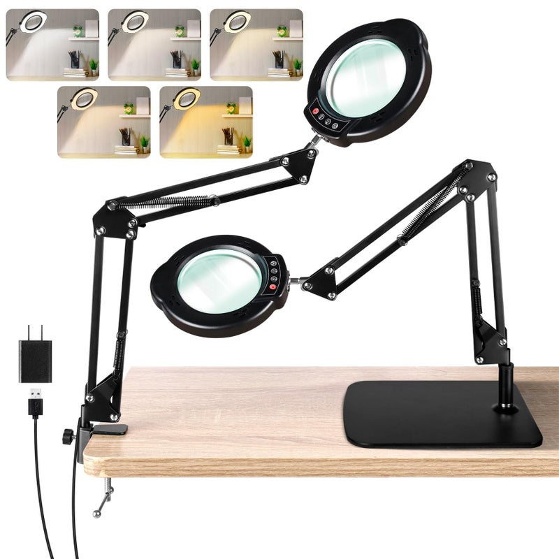 Jaenmsa 10X Magnifying Glass with Light and Stand, LED Desk Lamp with Base and Clamp, 5 Color Mode, 10 Dimmable Levels, Hands Free for Reading Crafts Jewelry Sewing Close Work - Image 1