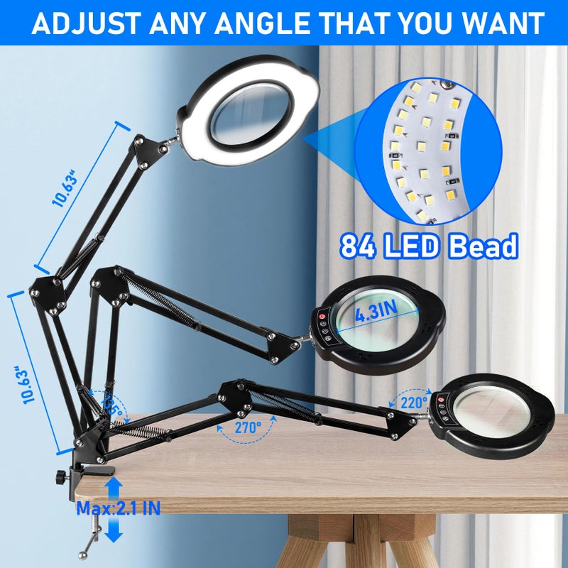 Jaenmsa 10X Magnifying Glass with Light and Stand, LED Desk Lamp with Base and Clamp, 5 Color Mode, 10 Dimmable Levels, Hands Free for Reading Crafts Jewelry Sewing Close Work - Image 2
