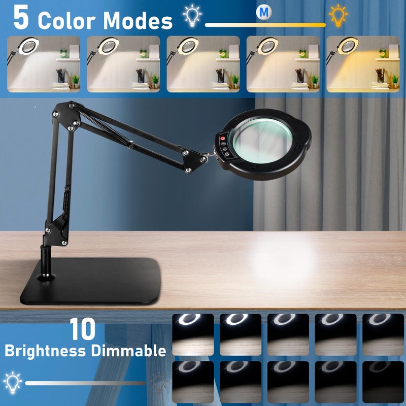 Jaenmsa 10X Magnifying Glass with Light and Stand, LED Desk Lamp with Base and Clamp, 5 Color Mode, 10 Dimmable Levels, Hands Free for Reading Crafts Jewelry Sewing Close Work - Image 3