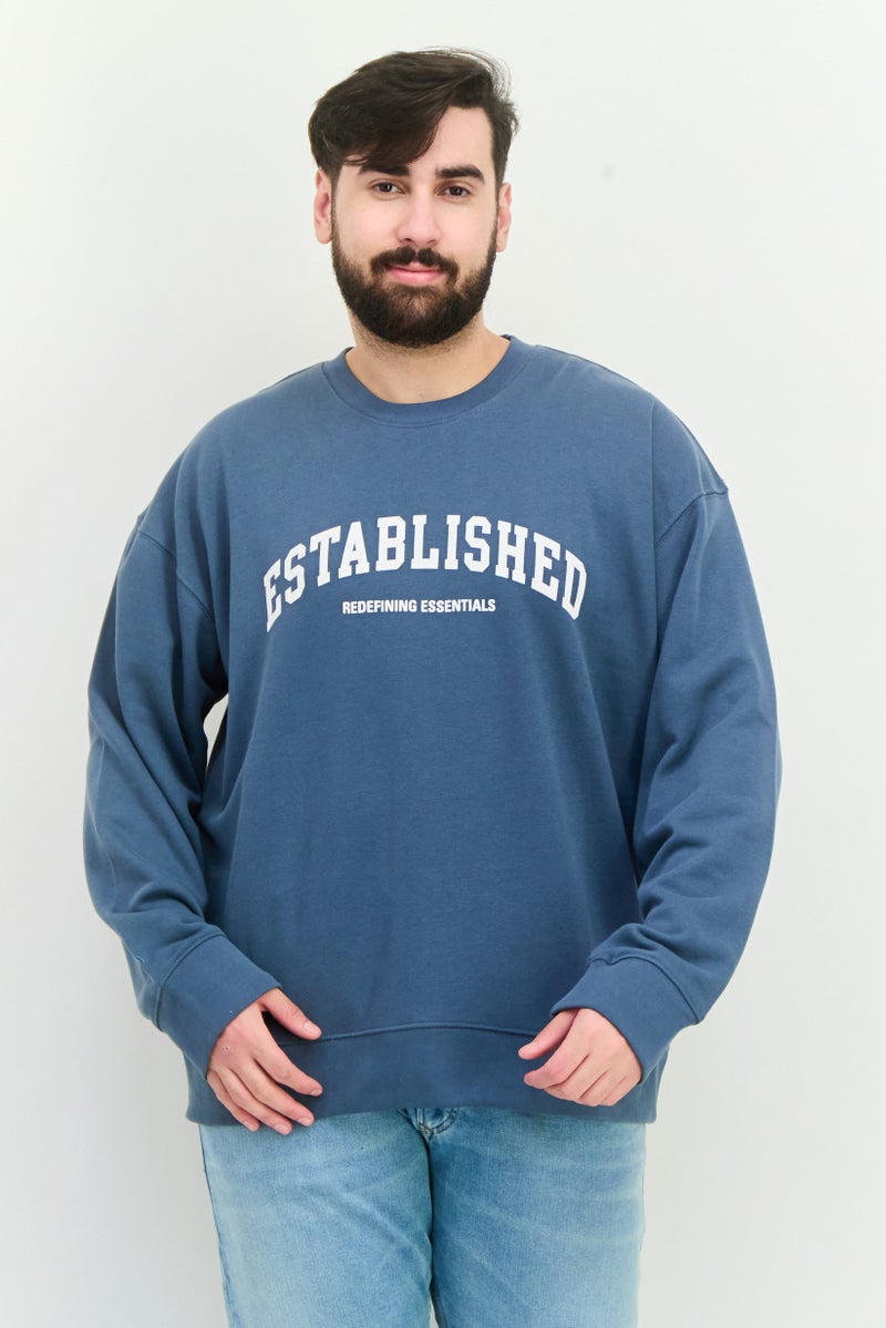 Established Redefining Essentials Men Crew Neck Long Sleeves Brand Logo Sweatshirt, Slate Blue - Image 1