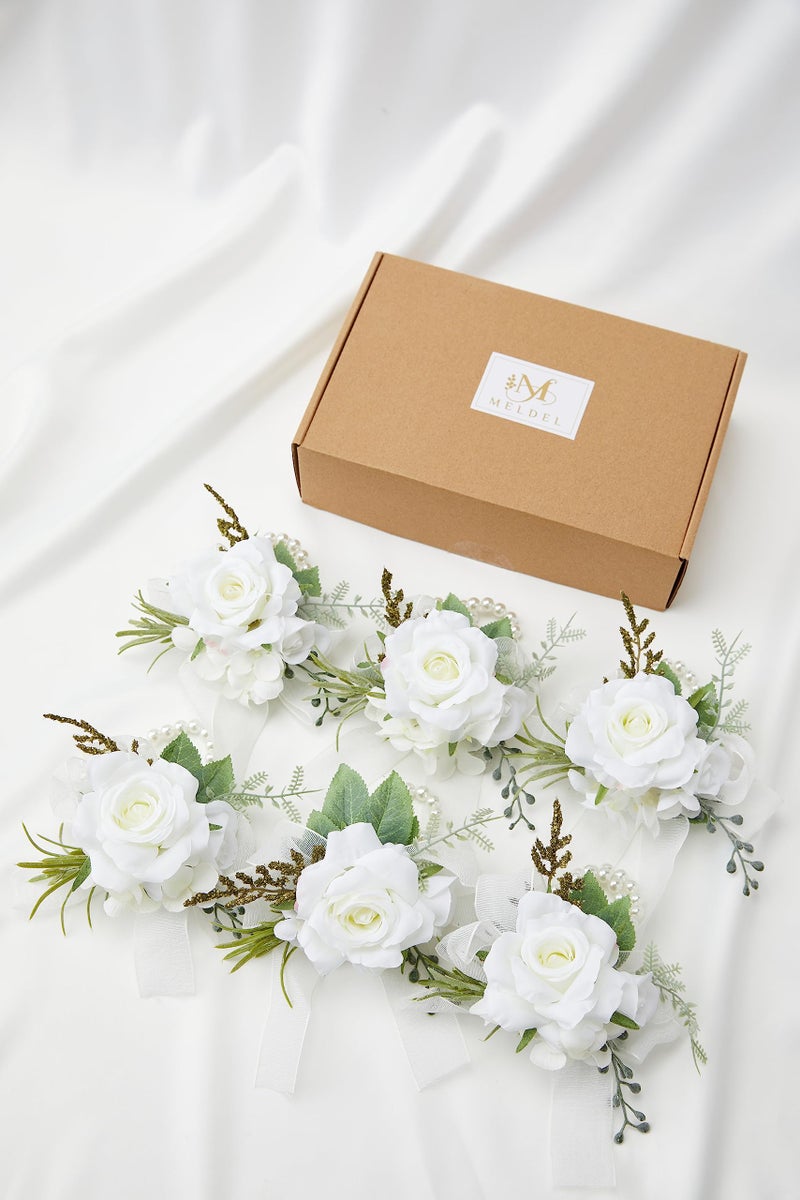 Meldel Wrist Corsage for Wedding  Set of 6  Elegant Artificial White Rose Pearl Wristband Wrist Corsage for Prom Homecoming Party  Perfect Accessories for Bride Bridesmaids  Mother of Bride and Groom - Image 1