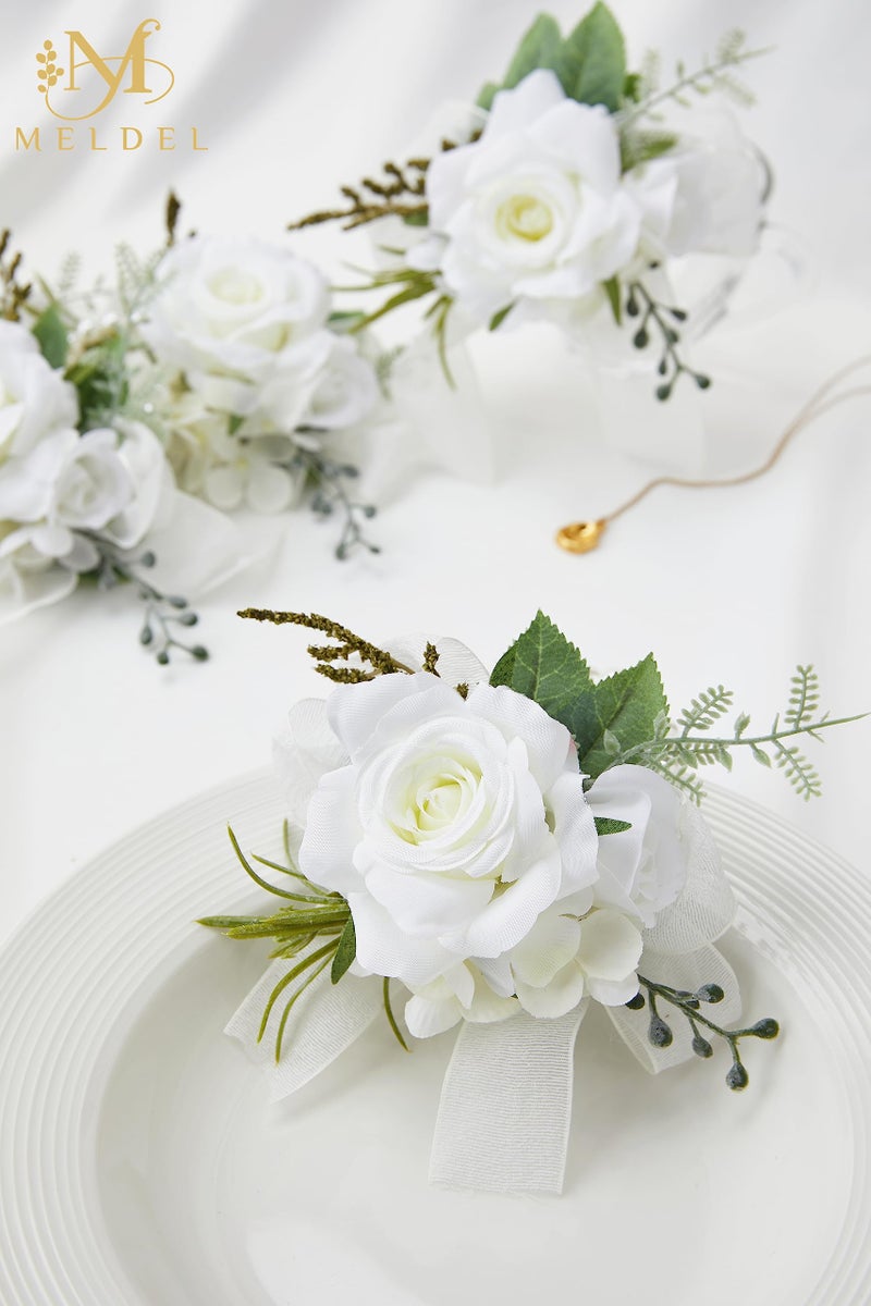 Meldel Wrist Corsage for Wedding  Set of 6  Elegant Artificial White Rose Pearl Wristband Wrist Corsage for Prom Homecoming Party  Perfect Accessories for Bride Bridesmaids  Mother of Bride and Groom - Image 3