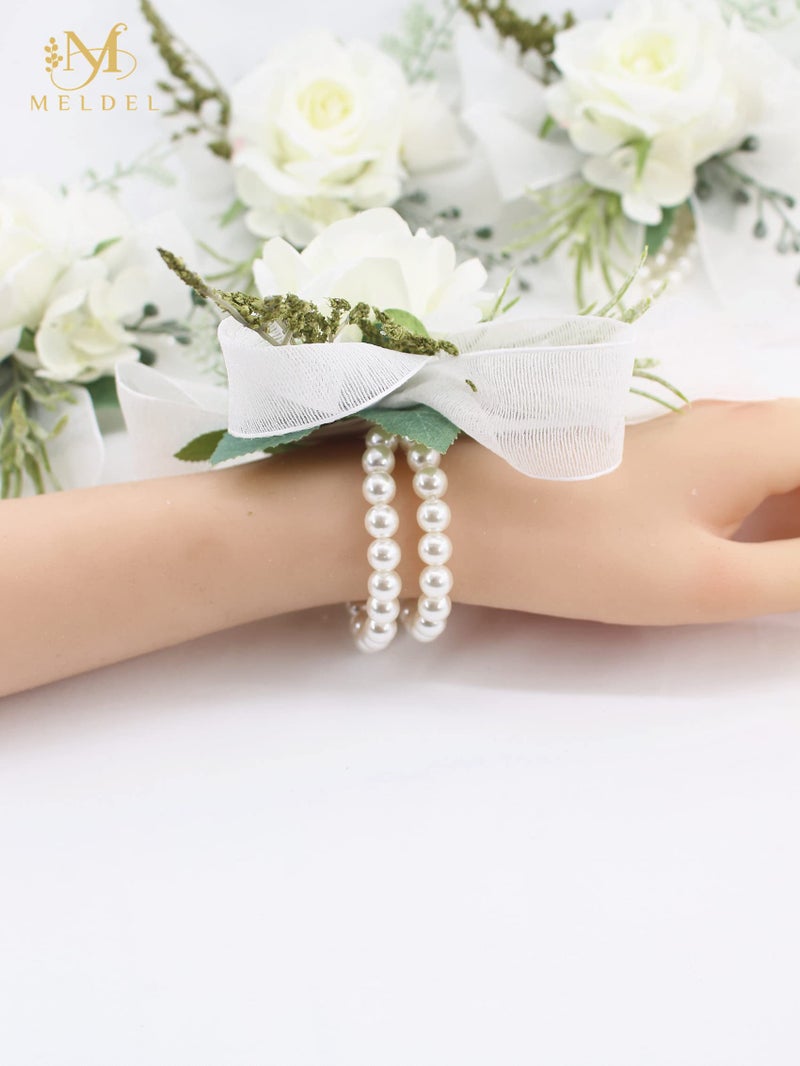 Meldel Wrist Corsage for Wedding  Set of 6  Elegant Artificial White Rose Pearl Wristband Wrist Corsage for Prom Homecoming Party  Perfect Accessories for Bride Bridesmaids  Mother of Bride and Groom - Image 5