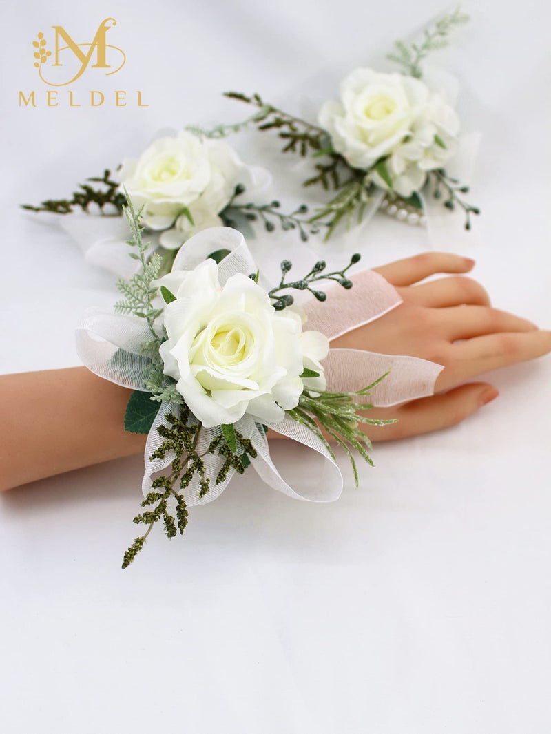 Meldel Wrist Corsage for Wedding  Set of 6  Elegant Artificial White Rose Pearl Wristband Wrist Corsage for Prom Homecoming Party  Perfect Accessories for Bride Bridesmaids  Mother of Bride and Groom - Image 4