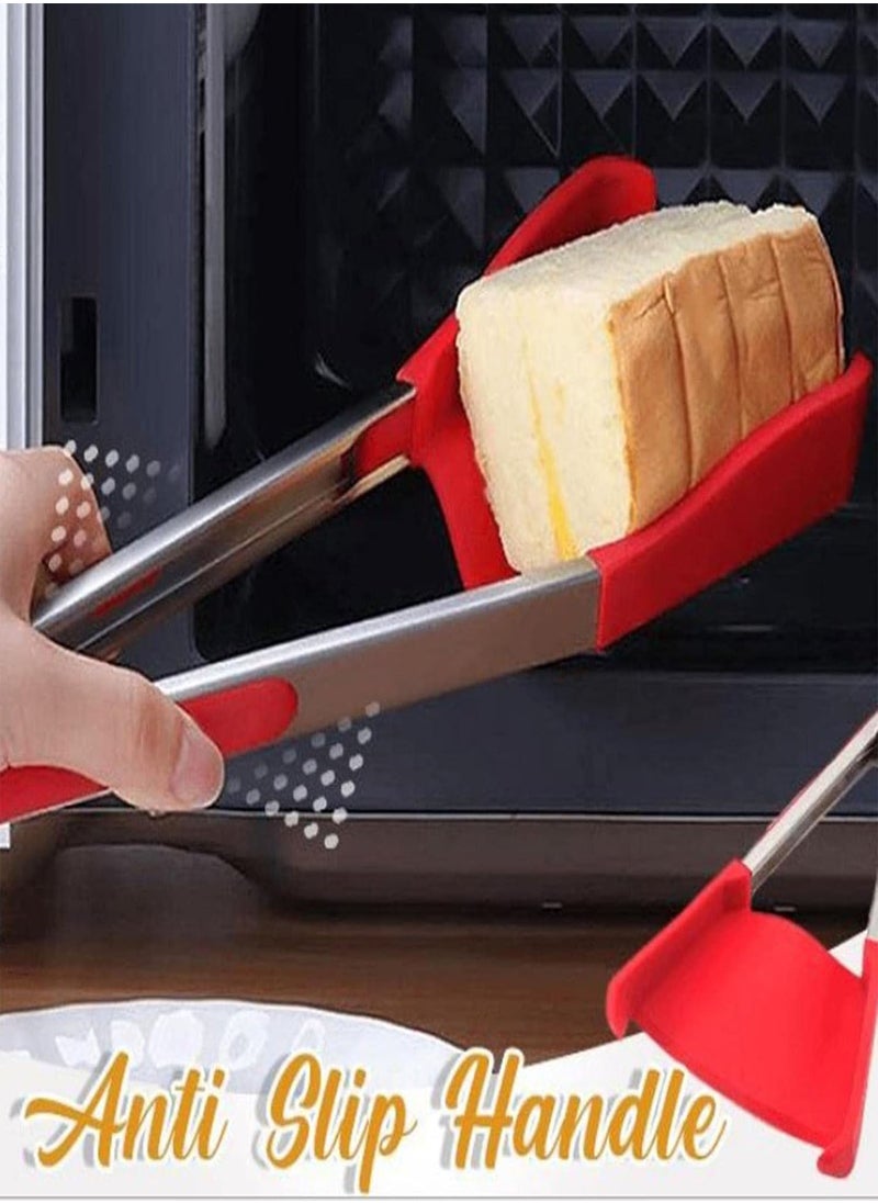 GGOOT - Tongs With Silicone Tips, 7/9 inch Stainless Steel Cooking Grilling Locking Food Tongs, Non Slip Kitchen Spatula Tongs For Fried Eggs, 2 in 1 Spatula Tong - Image 1