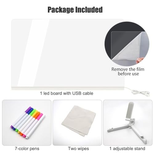 Gihunk LED Note Board with Colors Acrylic Dry Erase Board with Light and Stand Glow Memo Letter Board Note Glass Led White Board with 7 Pen for Office School Home - Image 3