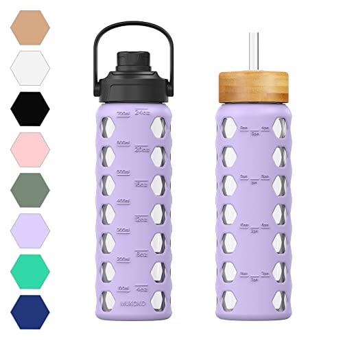MUKOKO 24oz Glass Water Bottle with 2 LidsHandle Flip LidBamboo Straw LidMotivational Water Tumbler with Time Marker Reminder and Silicone Sleeve LeakproofPurple
